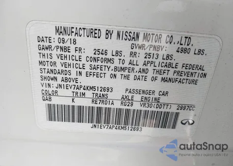 2019 Infiniti Q50 3.0T Luxe z USA, uszkodzony, nr VIN JN1EV7AP4KM512693